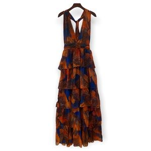 Blue Ruffle Maxi Dress with Orange and Brown Flowers